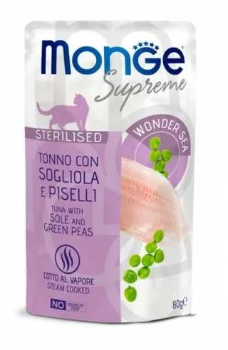 Monge SUPREME - Cat Wet Pouches su tunu, jūrų liežuviu ir žaliais žirneliais - sterilizuotoms katėms (80g)