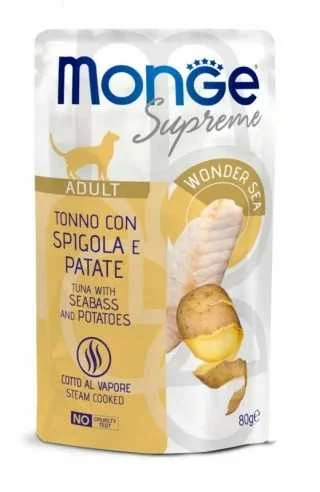 Monge SUPREME - Cat Wet Pouches su tunu, ešeriu ir bulvėmis - suaugusioms katėms (80g)
