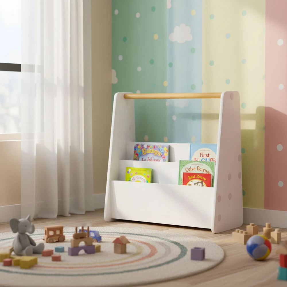 Montessori vaikiška knygų lentyna, 3 aukštų knygų stovas-organizeris, balta ECOTOYS