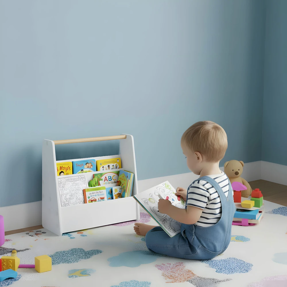 Montessori vaikiška knygų lentyna, 3 aukštų knygų stovas-organizeris, balta ECOTOYS