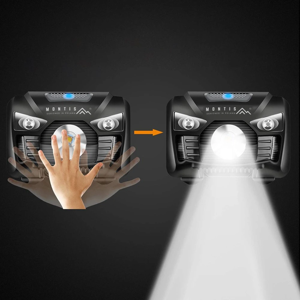 Montis Bateryjna latarka nagłowna su sensorem MT002 Raudona, Juodas Headband prožektorius LED