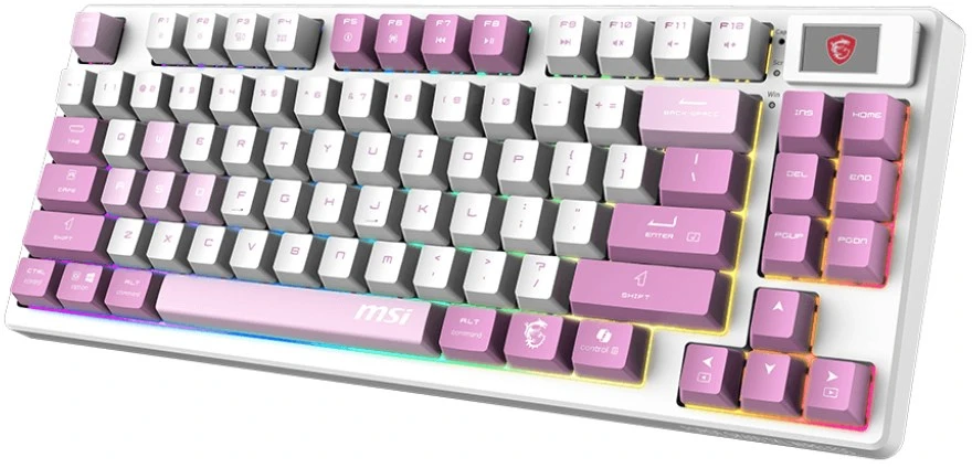 MSI FORGE GK600 TKL WIRELESS VIOLET klaviatūra Žaidimams USB + Bluetooth QWERTY Ispanas Rožinė, Violetinė, Balta