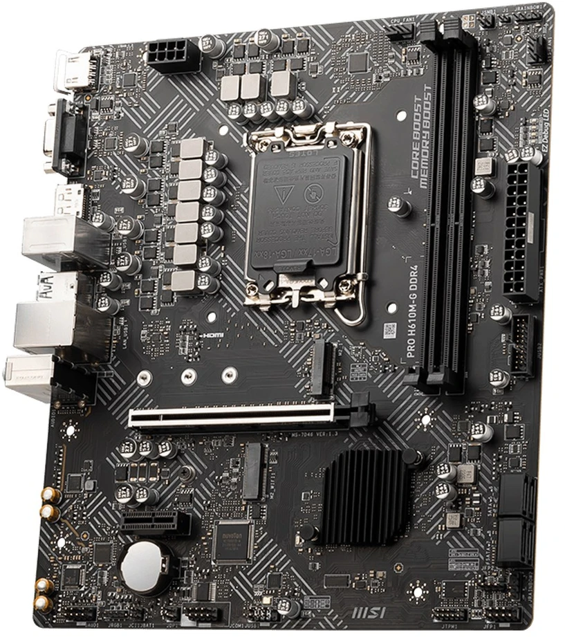 Pagrindinė plokštė MSI PRO H610M-G DDR4/LGA1700/MicroATX/Atminties lizdai 2/1xPCI-Express 3.0 1x/1xPCI-Express 4.0 16x/1xM.2/1x15pin D-sub/1xHDMI/1xDisplayPort/2xAudio-In/1xAudio-Out/4xUSB 2.0/2xUSB 3.2/1xPS/2/1xRJ45
