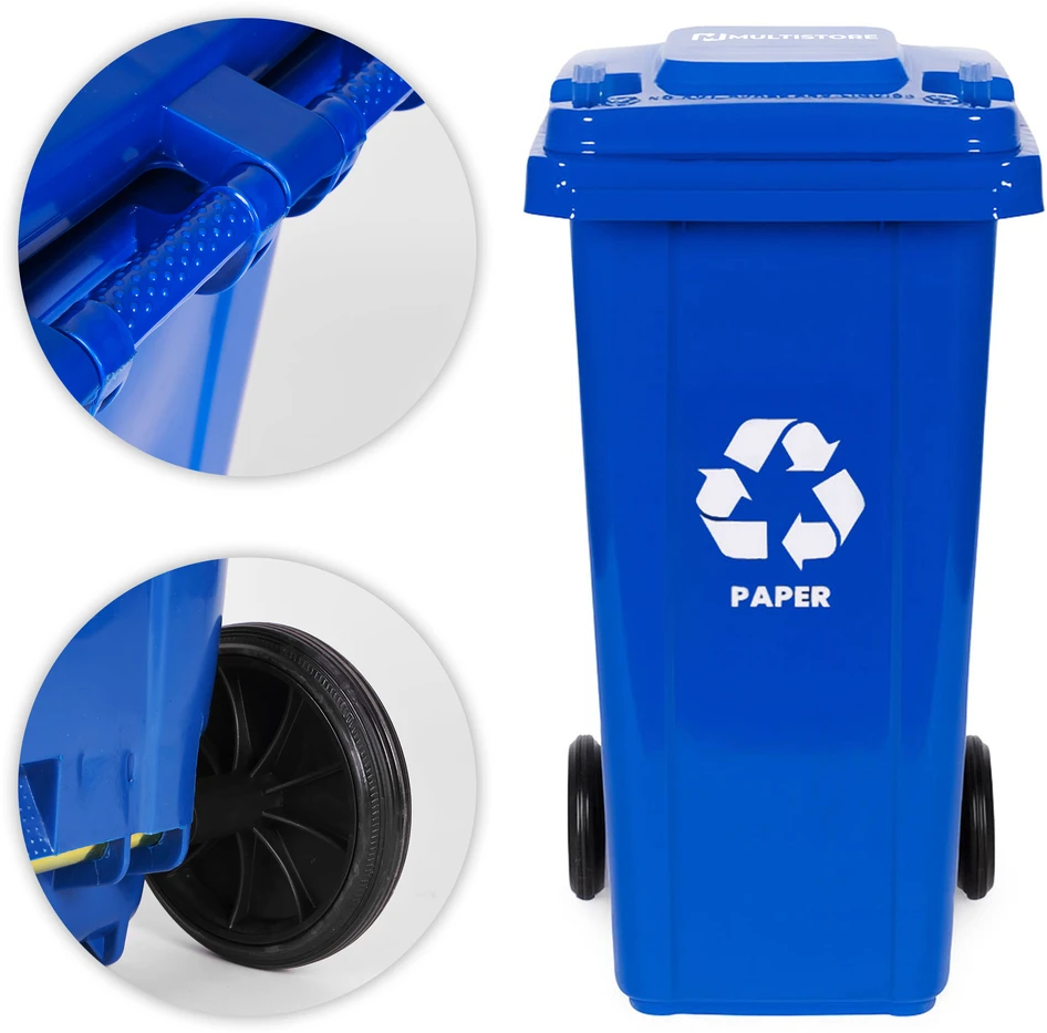 Multistore 3 šiukšliadėžių rinkinys 3x120L mėlyna žalia geltona popieriui stiklui plastikui su guminiais ratukais