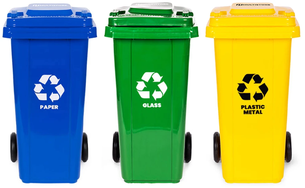 Multistore 3 šiukšliadėžių rinkinys 3x120L mėlyna žalia geltona popieriui stiklui plastikui su guminiais ratukais