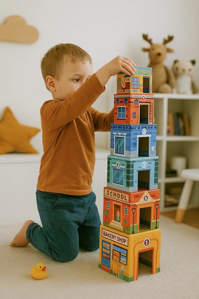 Multistore Krovimo bokštas „City Pyramid“ su figūrėlėmis ir transporto priemonėmis, 18 dalių