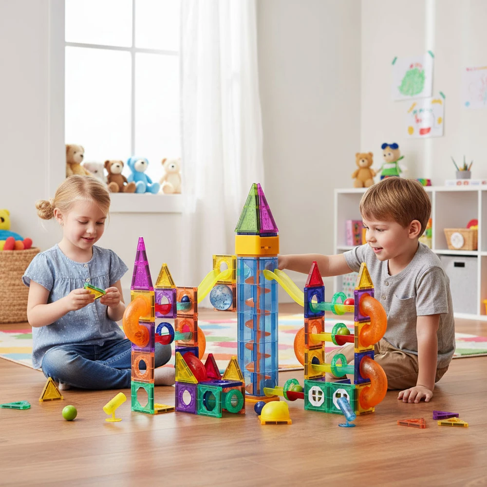 Multistore Magnetinės šviečiančios konstruktoriaus detalės, rutuliukų trasa, 134 dalys