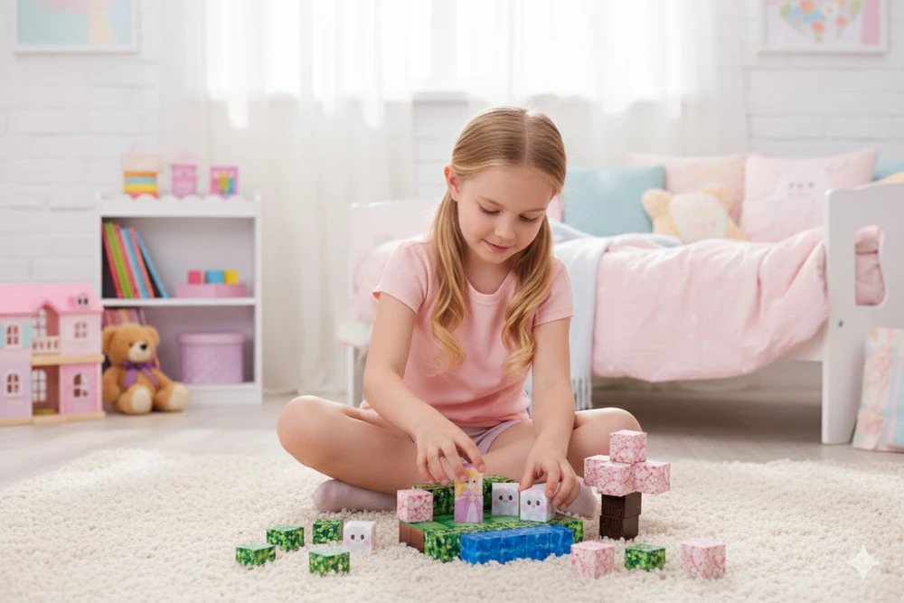 Multistore Magnetinių kaladėlių rinkinys vaikams 96 dalių kubeliai rožinė pilis