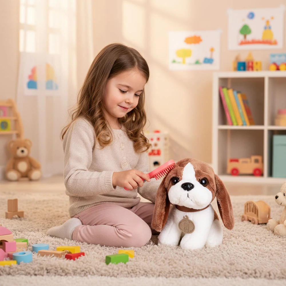 Multistore Pliušinis šuniukas su krepšiu ir šepečiu vaikams