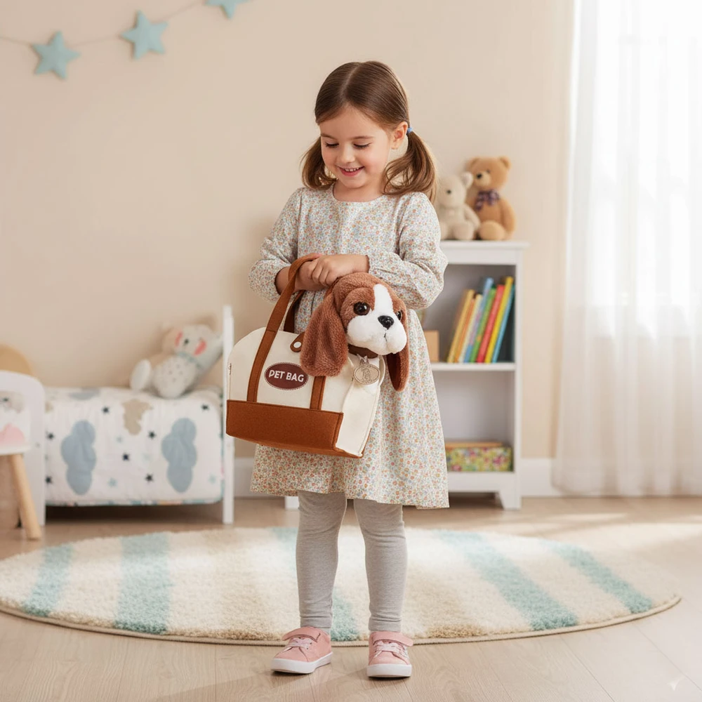 Multistore Pliušinis šuniukas su krepšiu ir šepečiu vaikams