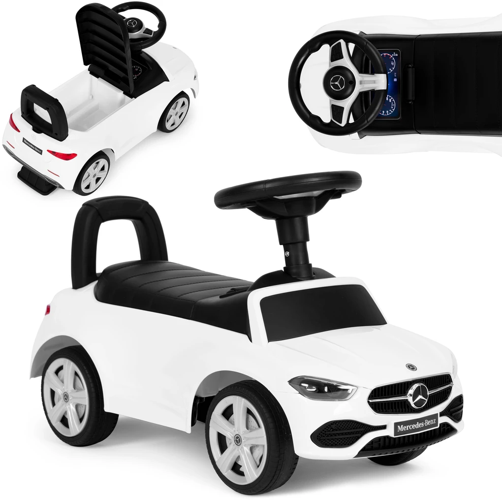Multistore Vaikiška stumdomoji mašinėlė Mercedes C klasė su interaktyviu vairu ir garsais, balta