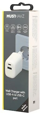 Musthavz 2 Port PD Charger USB-A + USB-C 20W – Baltas