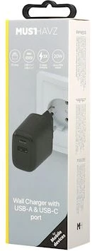 Musthavz 2 Port PD Charger USB-A + USB-C 20W – Juodas