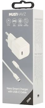 Musthavz Nano Charger 20W + USB-C/USB-C cable, baltas