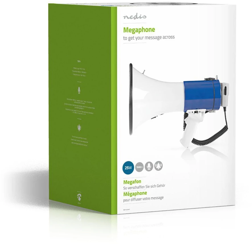 Nedis Megafonas 25W su nuimamu mikrofonu (nuotolis iki 1500 m)