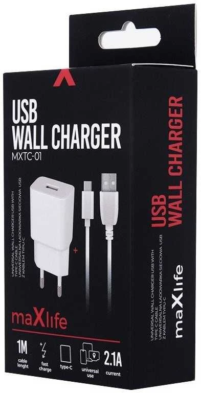 Maxlife MXTC-01 įkroviklis 1x USB 2.1A baltas + USB-C laidas
