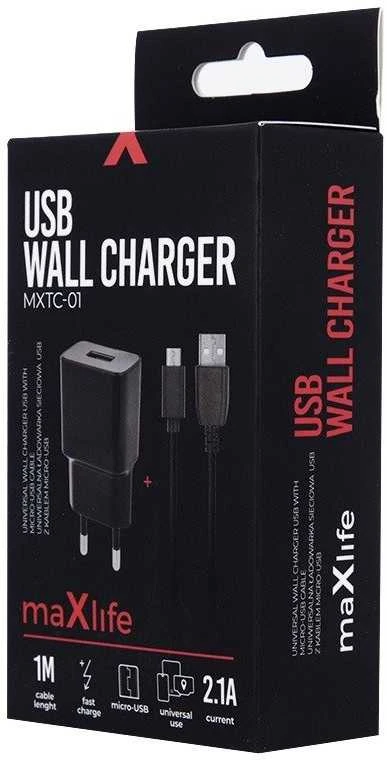 Maxlife MXTC-01 įkroviklis 1x USB 2.1A juodas + microUSB laidas