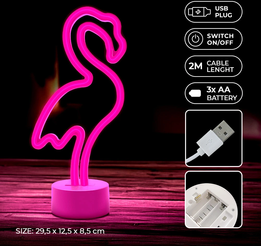 Neoninis LED šviestuvas su stovu FLAMINGO rožinis USB-C FSC-11 Forever Light