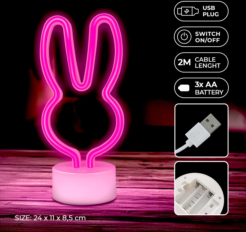 Neoninis LED šviestuvas su stovu RABBIT rožinis USB-C FSC-10 Forever Light