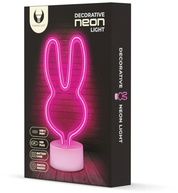Neoninis LED šviestuvas su stovu RABBIT rožinis USB-C FSC-10 Forever Light
