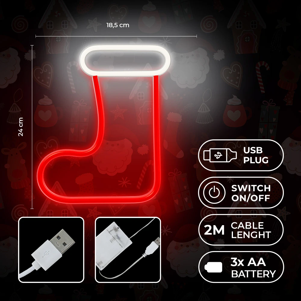 Neoninė LED KALĖDINĖ KOJINĖ balta raudona FLNE23 Forever Light