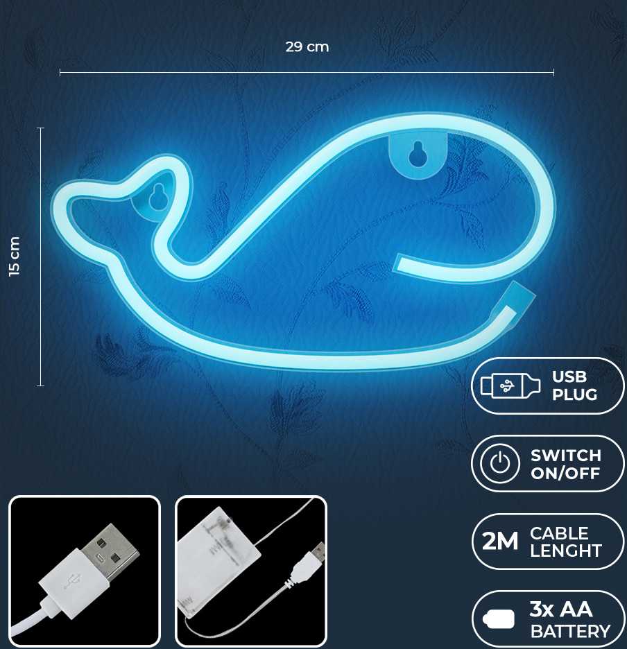 TelForceone Neoninis LED šviestuvas Banginis mėlyna Bat + USB FLNE19 Forever Light