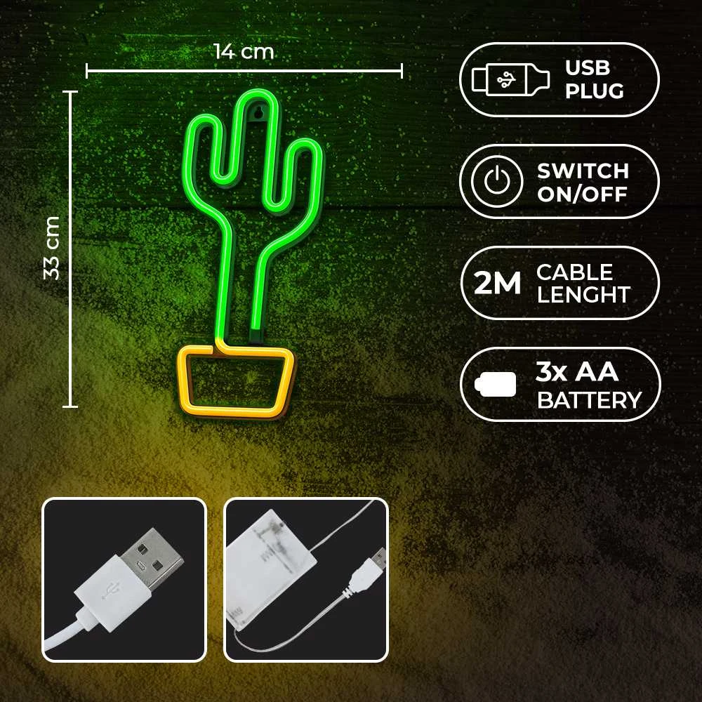 Neoninis LED šviestuvas KAKTUSAS oranžinis žalias Šikšnosparnis + USB FLNE02 Forever Light