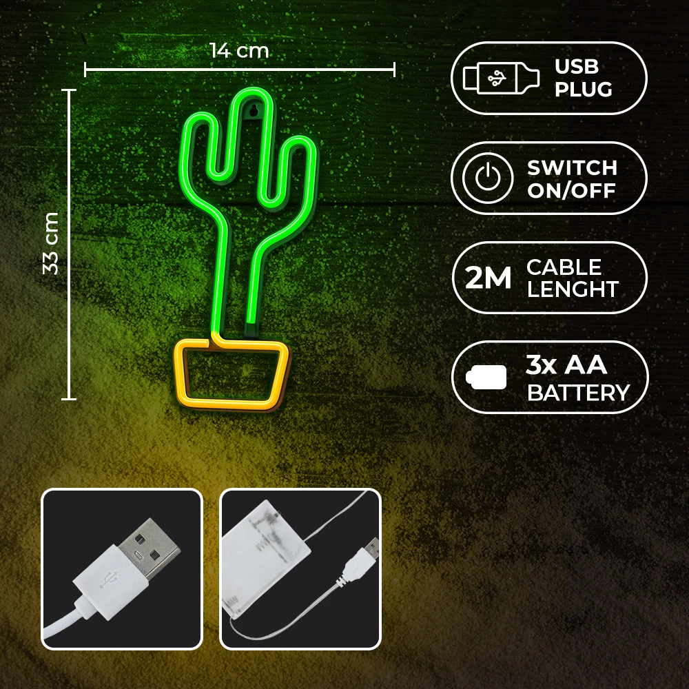 Neoninis LED šviestuvas KAKTUSAS oranžinis žalias Šikšnosparnis + USB FLNE02 Forever Light