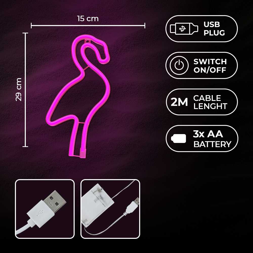 TelForceone Neon LED Light Flamingas rožinė Bat + USB FLNE18 Forever Light