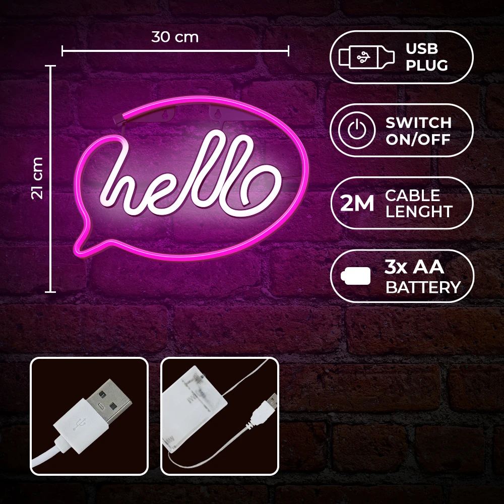 Neoninis LED šviestuvas HELLO rožinis baltas šikšnosparnis + USB FLNE15 Forever Light