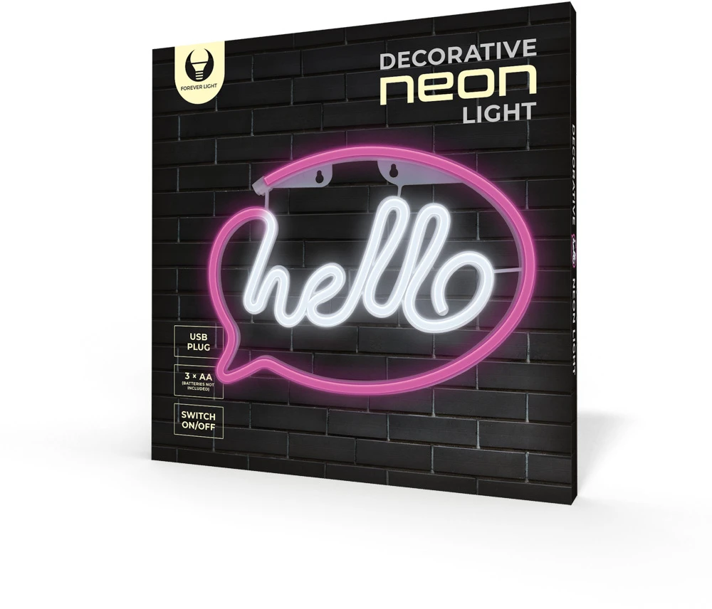 Neoninis LED šviestuvas HELLO rožinis baltas šikšnosparnis + USB FLNE15 Forever Light