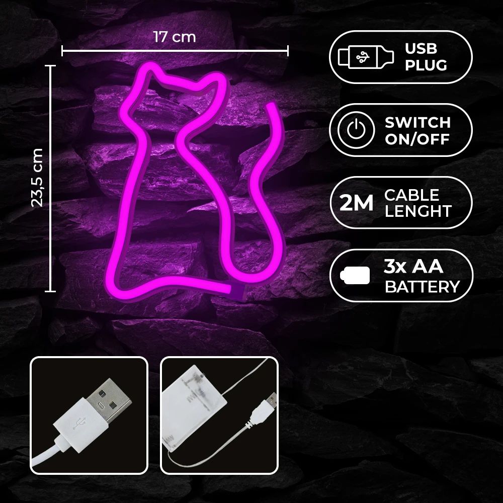 Sieninis šviestuvas TelForceone Neoninė LED lemputė CAT rožinė Bat + USB FLNE04 Forever Light