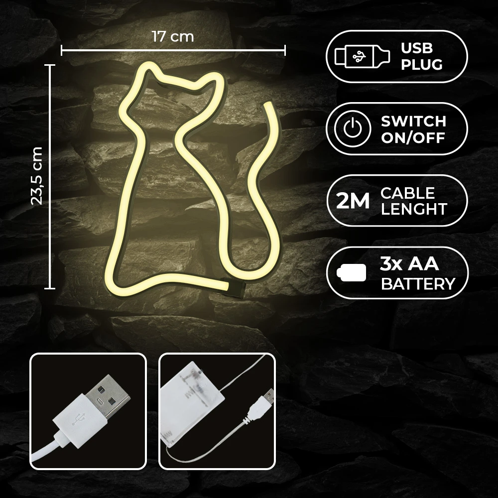 Neoninis LED šviestuvas CAT šiltai balta Bat + USB FLNE03 Forever Light