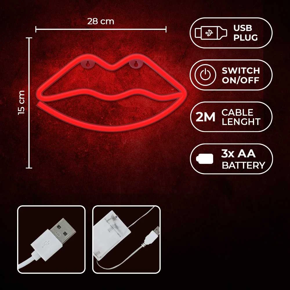 Neoninis LED šviestuvas Lūpos raudona Bat + USB FLNE08 Forever Light