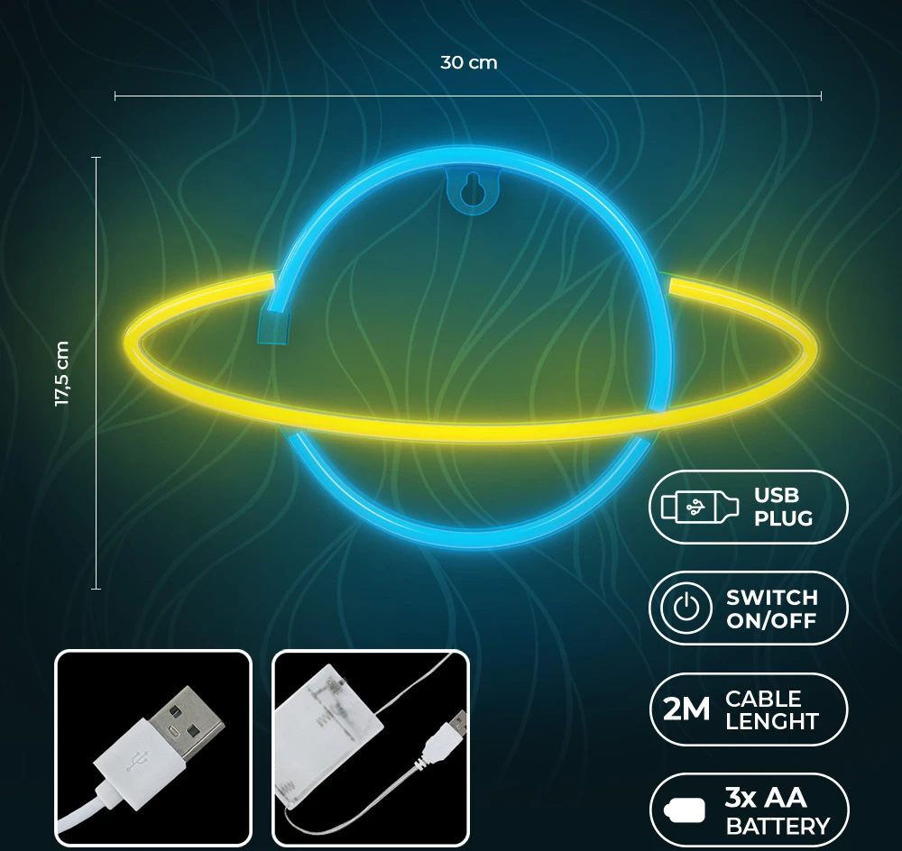 Neoninė LED lemputė SATURN geltona mėlyna Šikšnosparnis + USB FLNE11 Forever Light