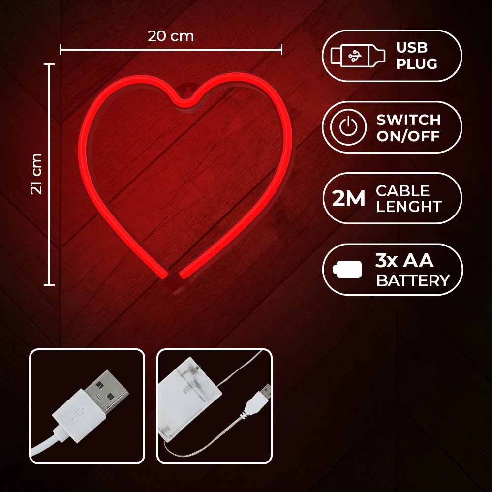 Neoninė LED šviesa HEART raudona šikšnosparnis + USB FLNE07 Forever Light