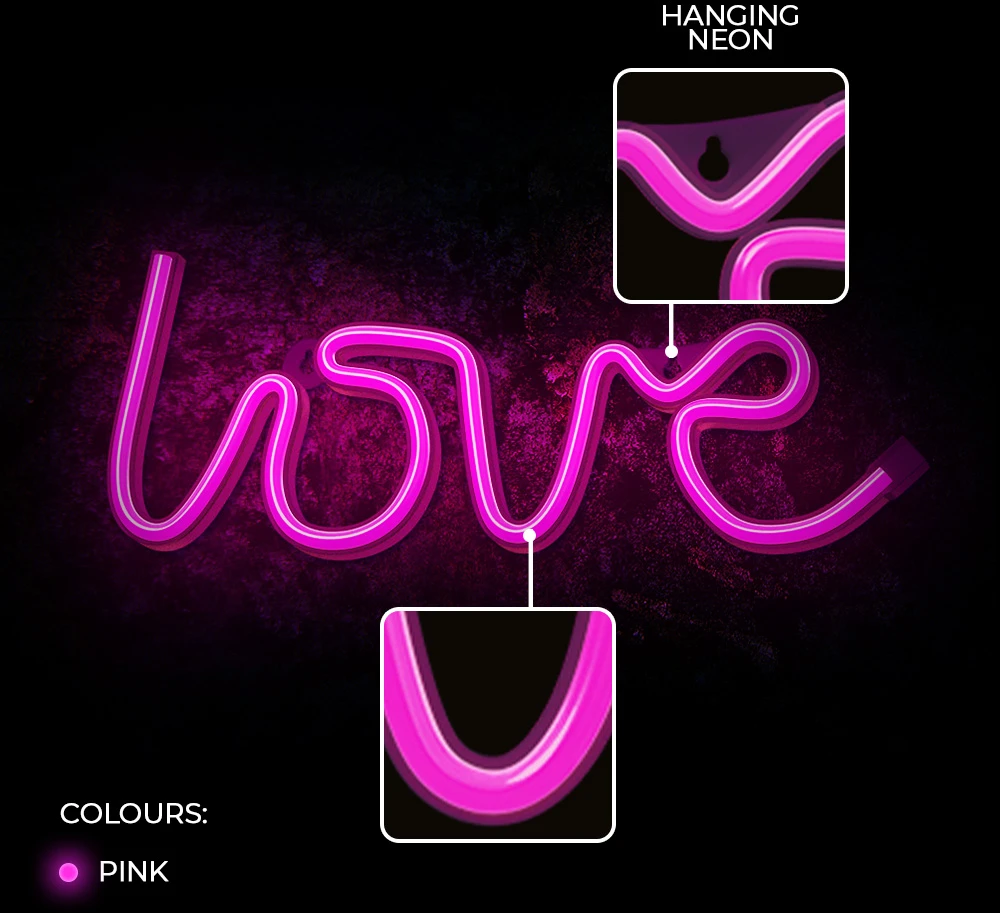 Sieninis šviestuvas Neoninis LED šviestuvas LOVE rožinis šikšnosparnis + USB FLNE05 Forever Light