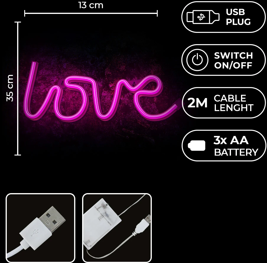 Sieninis šviestuvas Neoninis LED šviestuvas LOVE rožinis šikšnosparnis + USB FLNE05 Forever Light