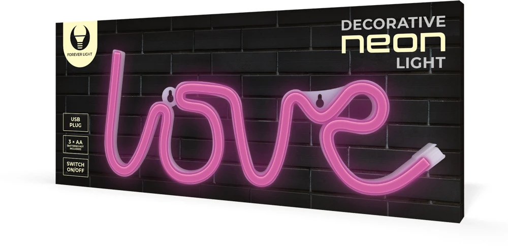 Sieninis šviestuvas Neoninis LED šviestuvas LOVE rožinis šikšnosparnis + USB FLNE05 Forever Light
