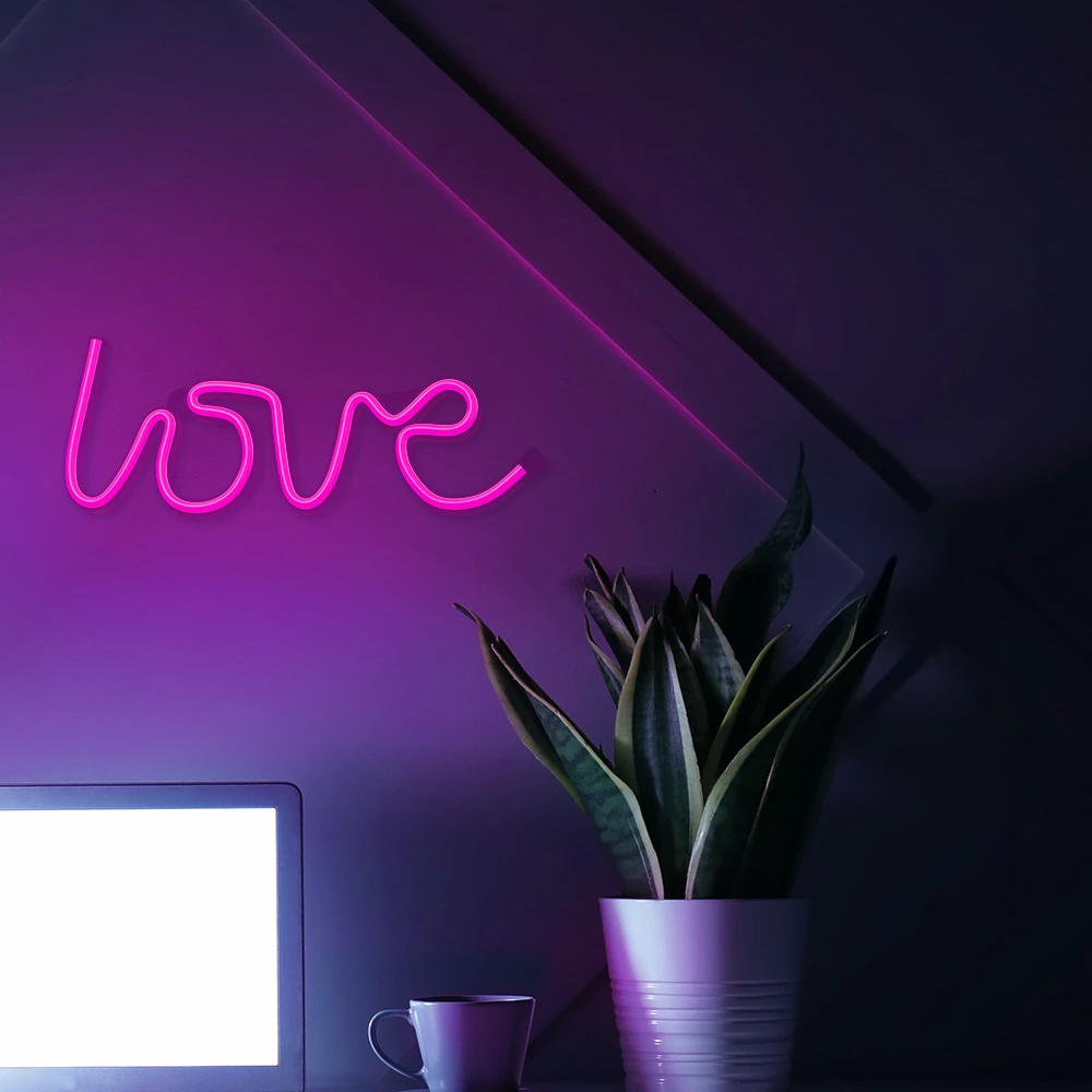 Sieninis šviestuvas Neoninis LED šviestuvas LOVE rožinis šikšnosparnis + USB FLNE05 Forever Light