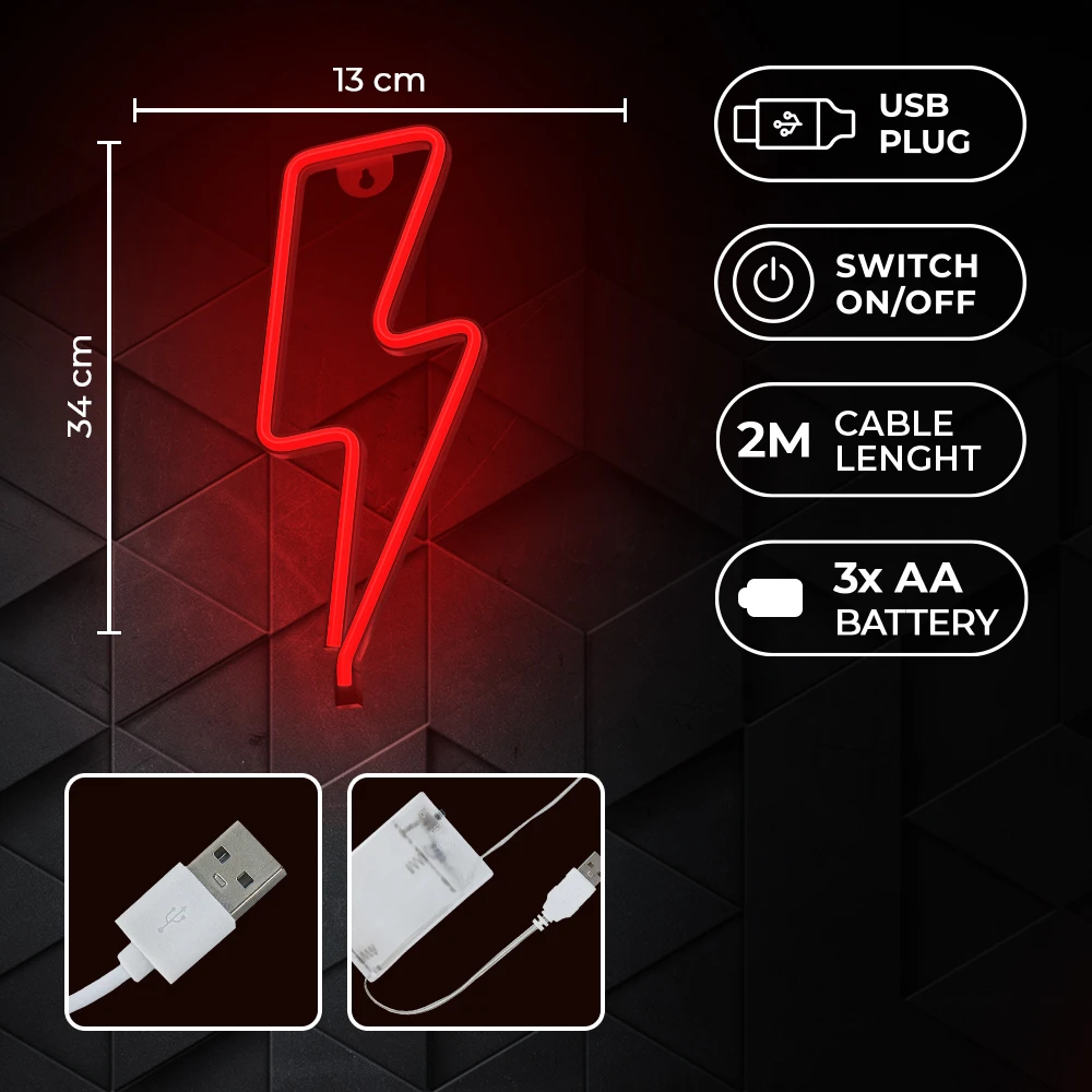 Neoninė LED lemputė BOLT raudonas žaibas + USB FLNE06 Forever Light