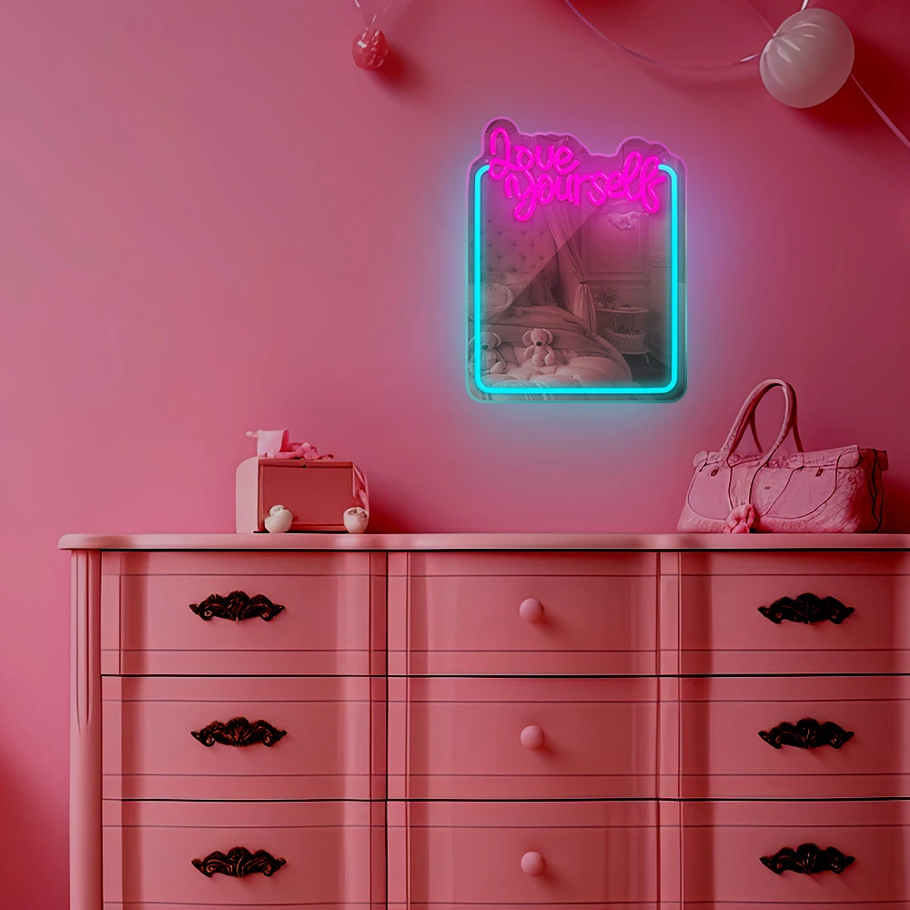 Neoninis veidrodis LED LOVE YOURSELF turkio rožinė FMNE01 Forever Light