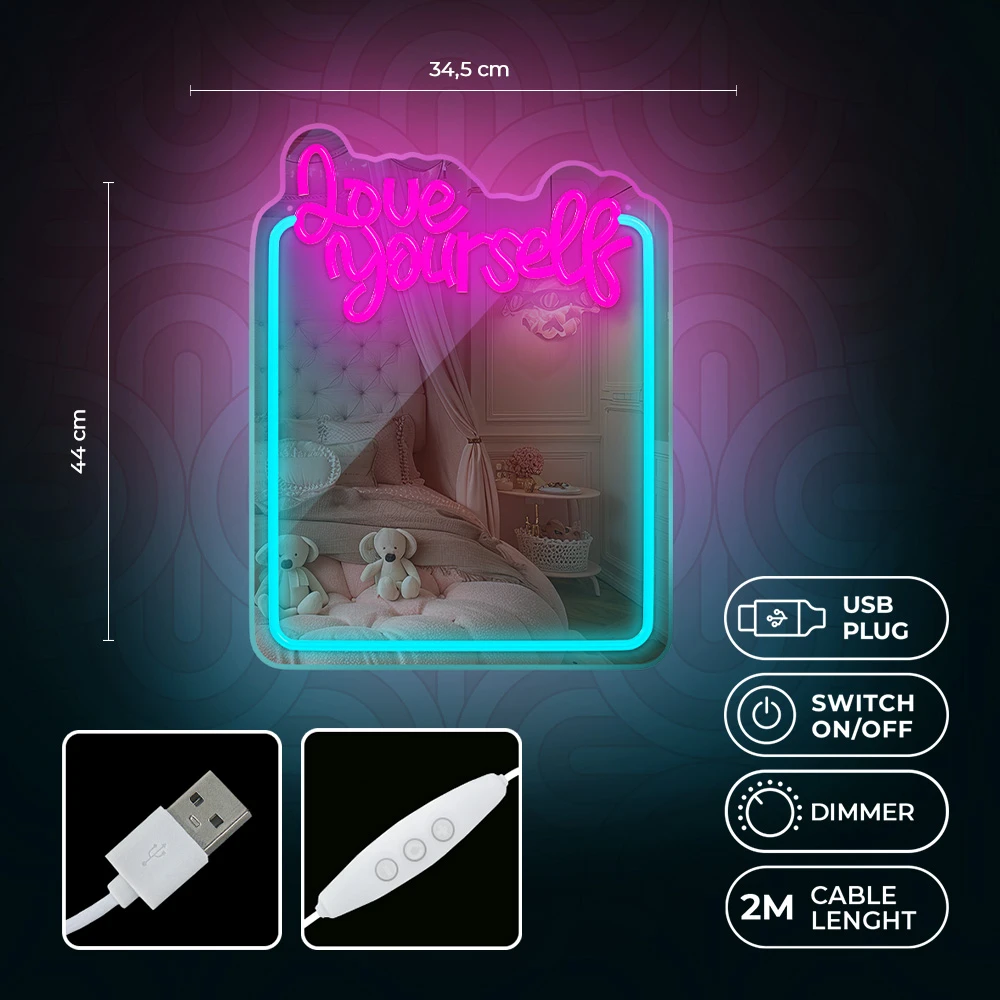 Neoninis veidrodis LED LOVE YOURSELF turkio rožinė FMNE01 Forever Light