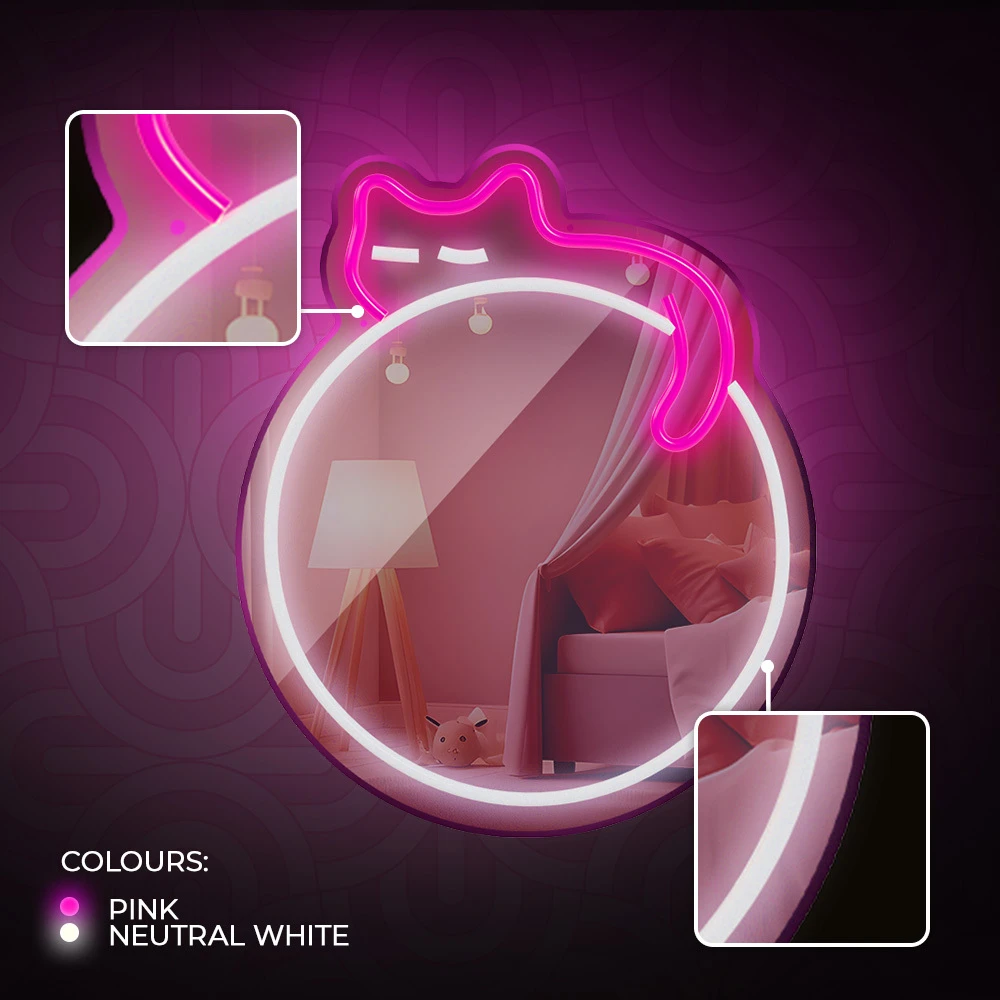 Neoninis MIRROR LED MIEGANČIOS KATĖS formos šviestuvas baltas rožinis FMNE03 Forever Light