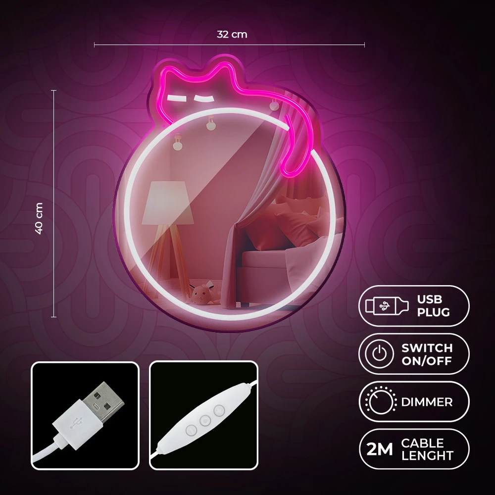 Neoninis MIRROR LED MIEGANČIOS KATĖS formos šviestuvas baltas rožinis FMNE03 Forever Light