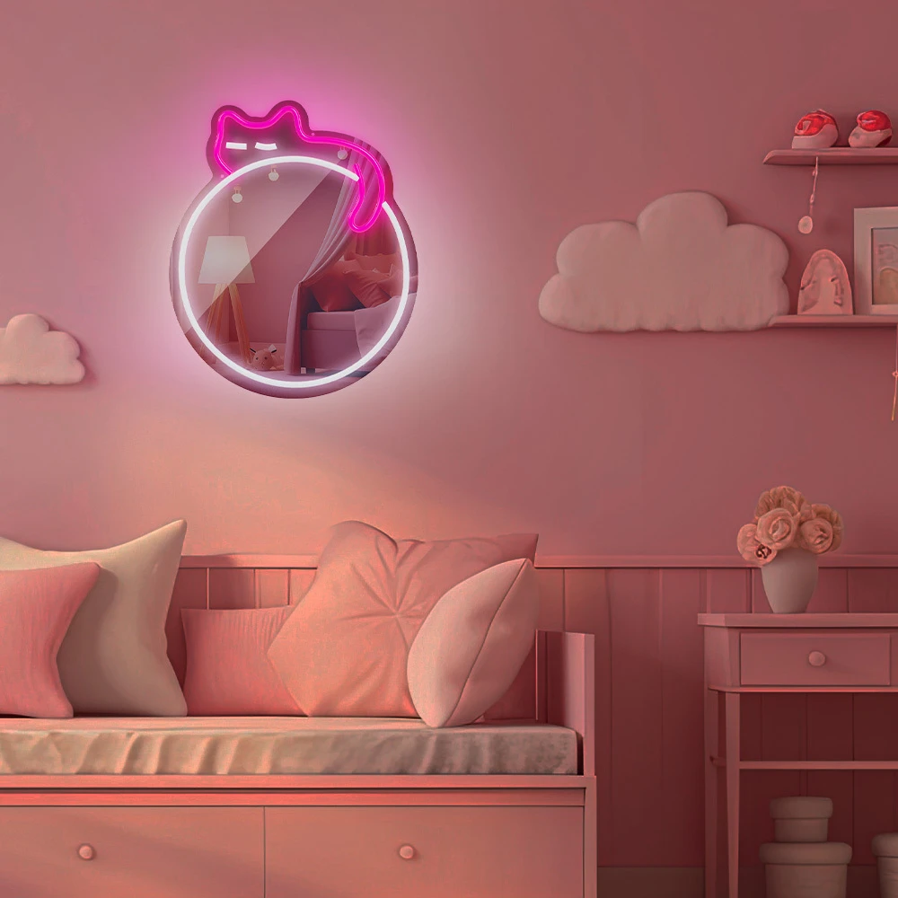 Neoninis MIRROR LED MIEGANČIOS KATĖS formos šviestuvas baltas rožinis FMNE03 Forever Light