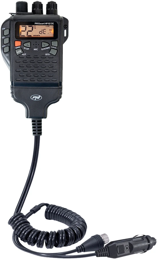 Nešiojama CB radijo stotelė PNI Escort HP 62DE vokiška versija, daugiastandartė, 4W, 12V, AM-FM, 5 lygių reguliuojamas ASQ, 9 lygių RF Gain, Dual Watch, Scan, Lock