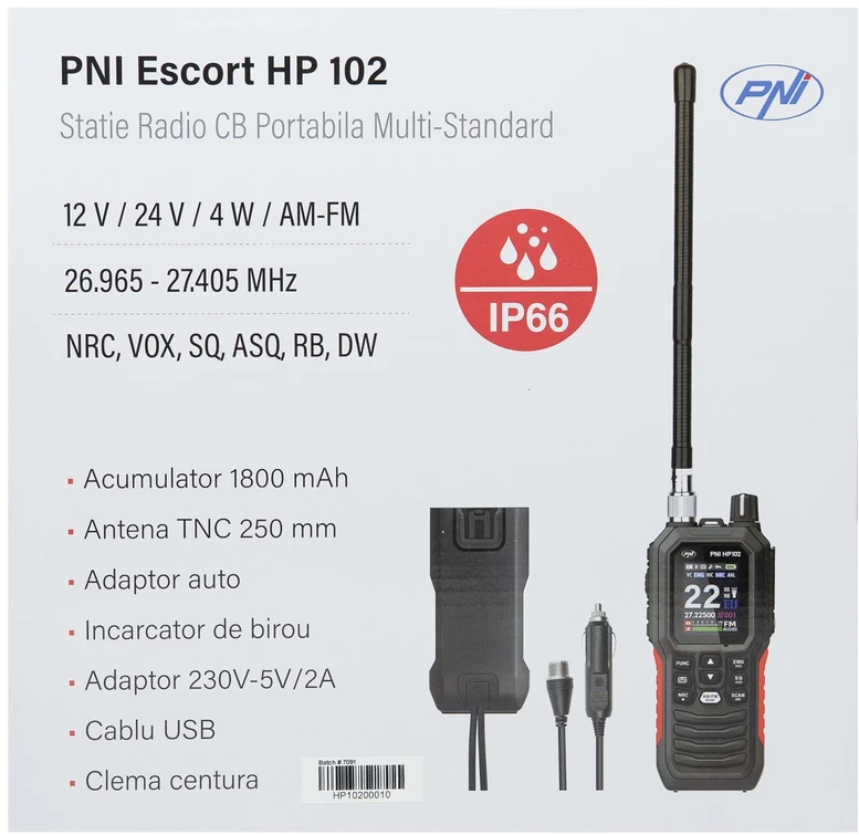 Nešiojama CB radijo stotelė PNI Escort HP 102 multi standard, 4W, 12V, AM-FM, NRC, Dual Watch, Roger Beep, reguliuojamas ASQ SQ, VOX