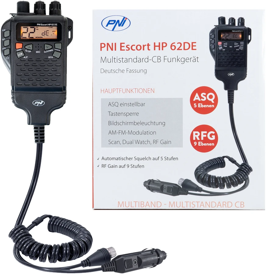 Nešiojama CB radijo stotelė PNI Escort HP 62DE vokiška versija, daugiastandartė, 4W, 12V, AM-FM, 5 lygių reguliuojamas ASQ, 9 lygių RF Gain, Dual Watch, Scan, Lock