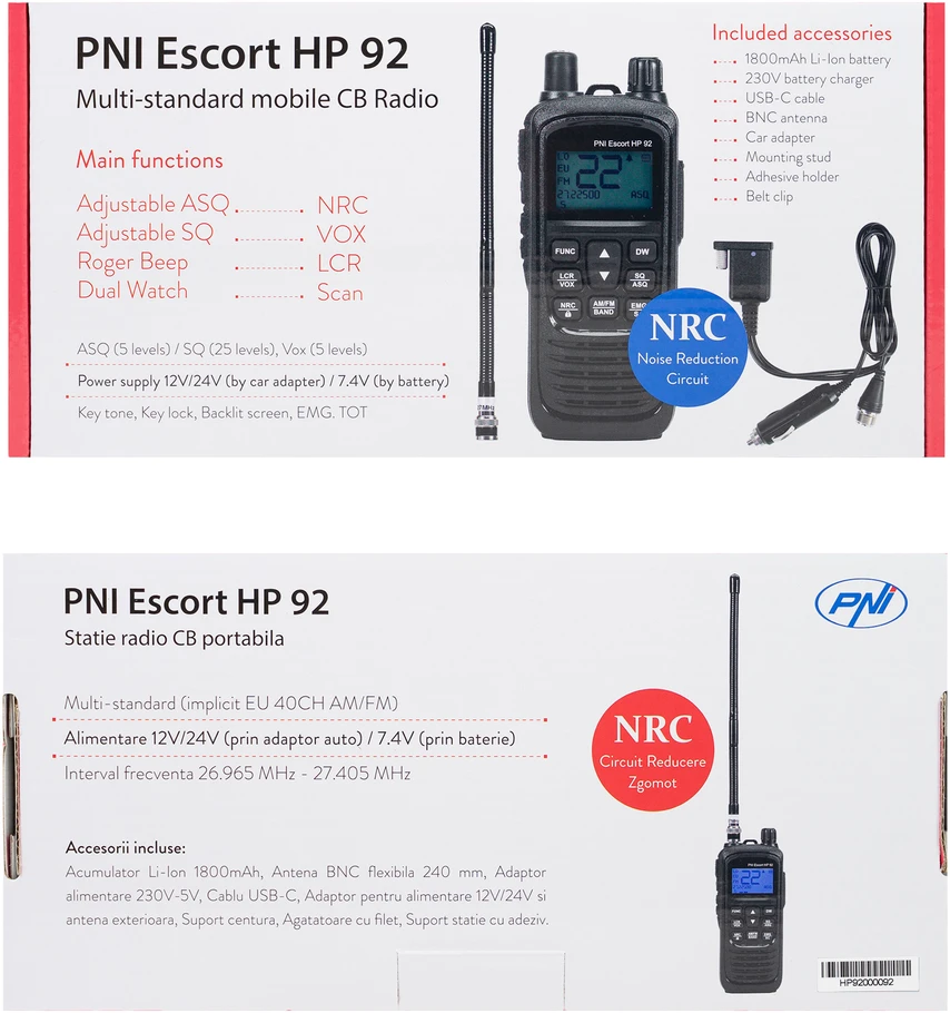 Nešiojama CB radijo stotelė PNI Escort HP 92, daugiastandartė, 4W, 12V, AM-FM, NRC, Dual Watch, Roger Beep, reguliuojamas ASQ SQ, VOX